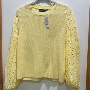 New York & Company Yellow Sweater with Eyelet Sleeves